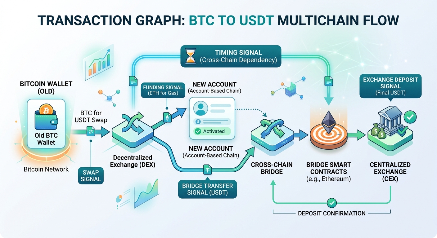 A transaction graph links a fresh account to an older wallet through gas funding, timing, a bridge, and an exchange deposit