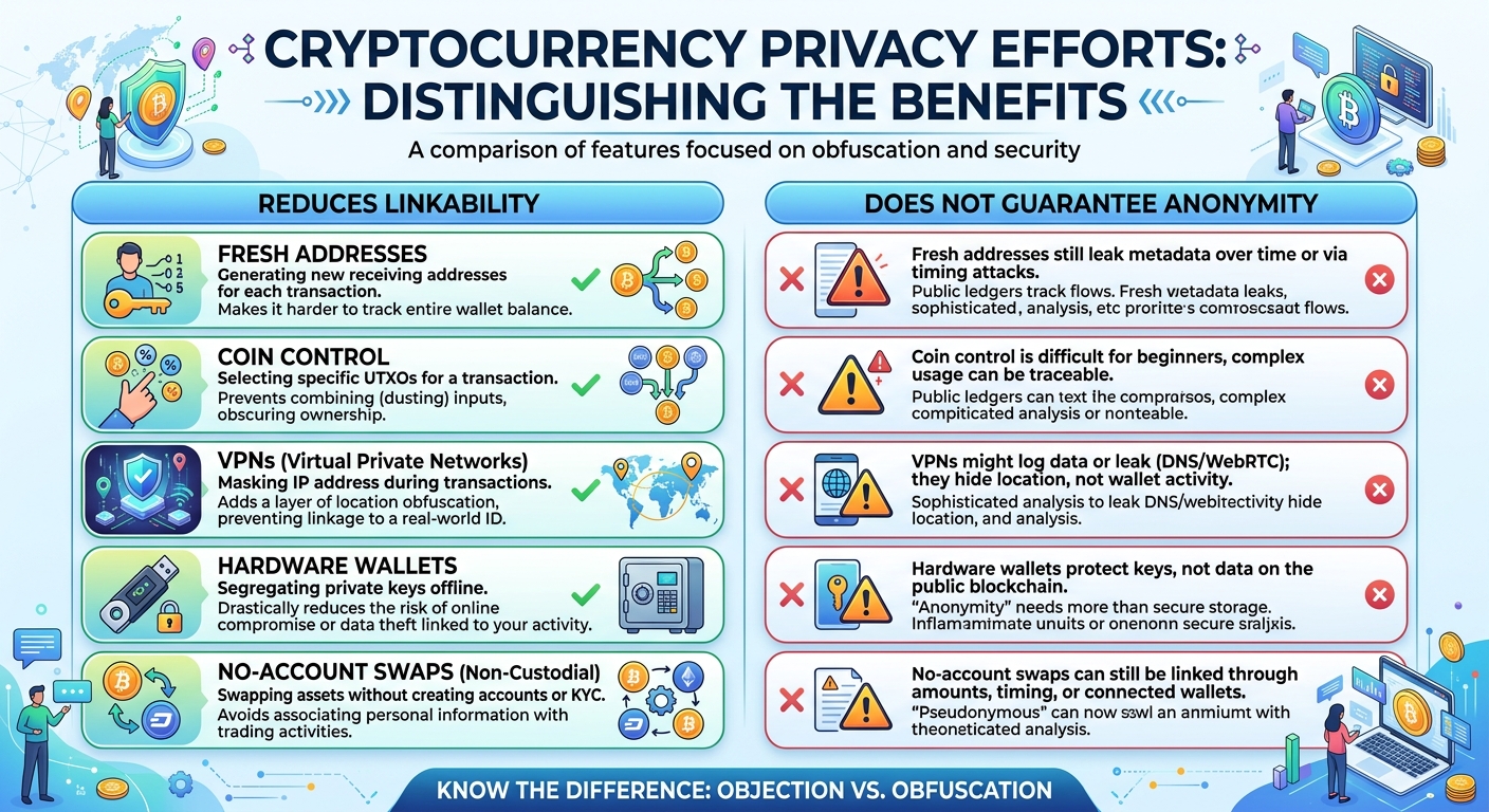 Privacy practices reduce specific links but do not guarantee anonymous cryptocurrency transactions